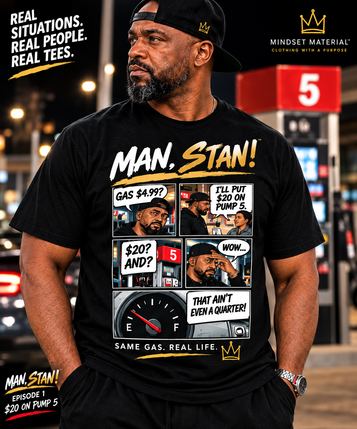 MAN, STAN! Episode 1 comic tee front model view