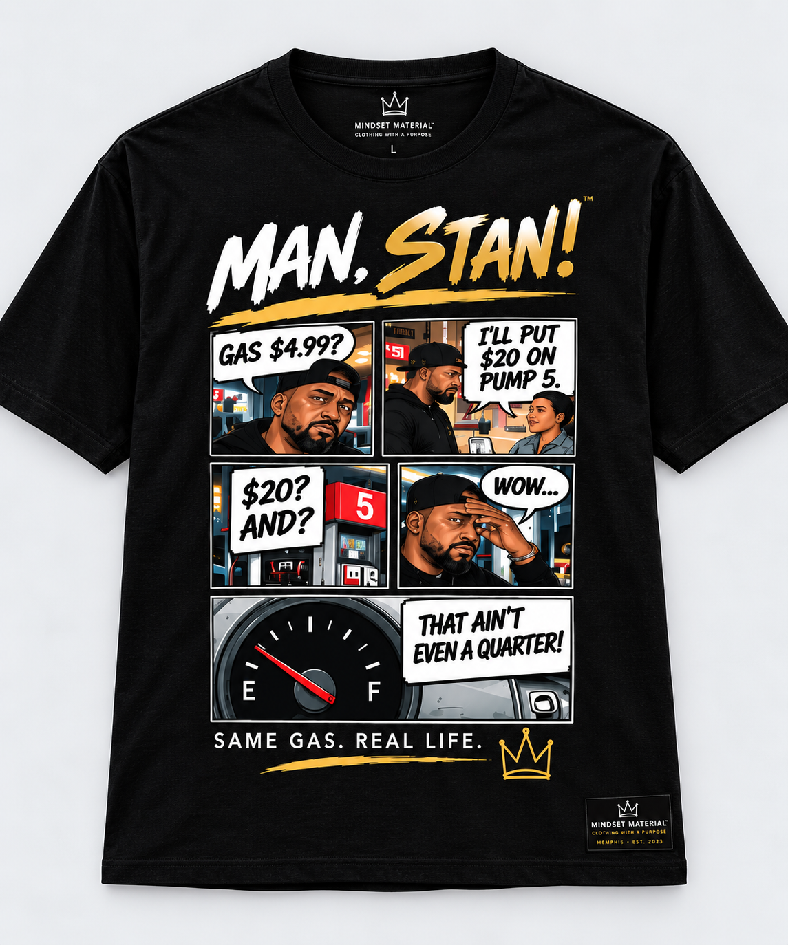 MAN, STAN! Episode 1 black comic tee front